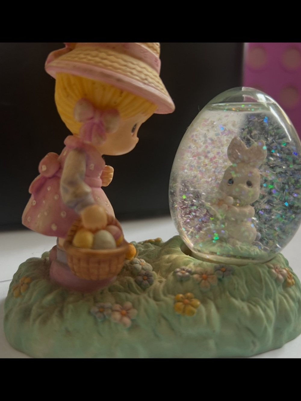 Vintage Precious Moments Easter Girl Figurine with Bunny Snow Globe